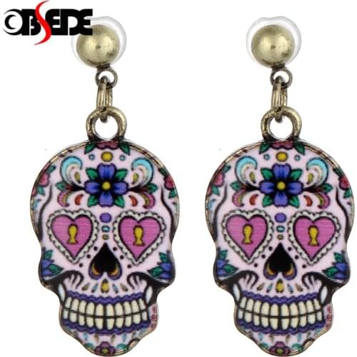 OBSEDE Women Skull Stud Earrings 1Pair Trendy Style Stud Earrings For Girls Sugar Skull Flower Stud Earrings Fashion Dead Enamel