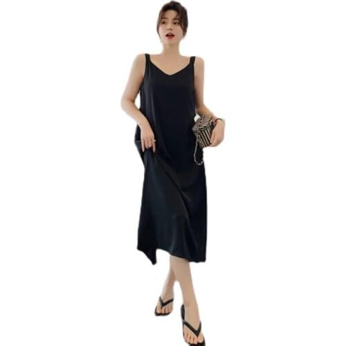 NYFS 2021 Korean New Summer dress Loose Sling Woman Dress Vestidos robe ete Elbise Fashion Solid color Hem Slit Long Dress