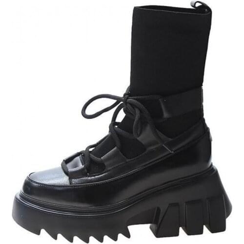 Winter Black Short Boots New Womens Shoes 2021 INS Platform Boots for Women Chunky Heels Stretch Fabric Thigh High Flat Boots