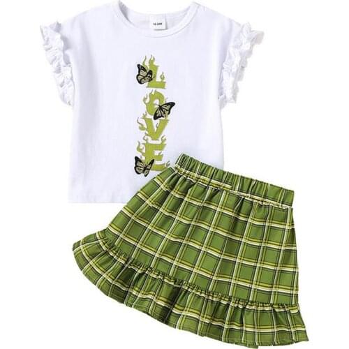 New 2Pcs Kids Summer Outfit, Girls Letters Print O-Neck Ruffled-Sleeve T-Shirt + Plaid Frilly Skirt, 18 Months to 6 Years
