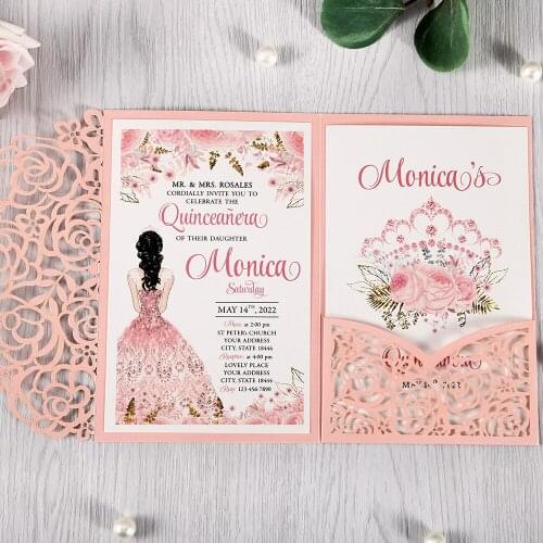 50pcs Pink Laser Cut Hollow Rose Wedding Invitations Cards with Pearlized Pockets and Envelopes for Wedding Bridal Shower