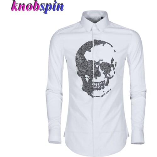 Brand Crystal Drill Skull Head Shirt man Slim Casual Chemise homme high quality Cotton Solid Dress Shirts male Camisas