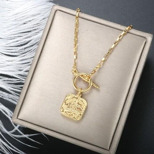 ZMFashion Vintage Lucky Number 5 Square Coin OT Buckle Necklace Women Men Sweater Chains Stainless Steel Geometric Jewelry Gifts