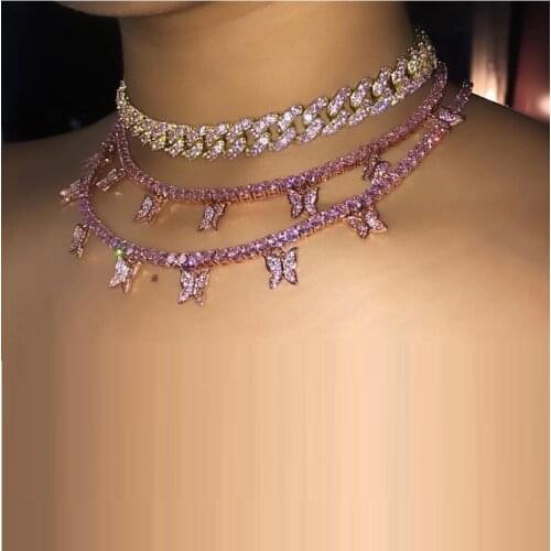 Iced out bling women choker jewelry new 12MM Cz Miami cuban link chain pink butterfly choker necklace hip hop rock