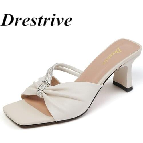 Drestrive Full Genuine Leather Square Toe 2021 Summer Women Sandals Crystal Pleated Thick High Heel Shoes Fashion Slippers