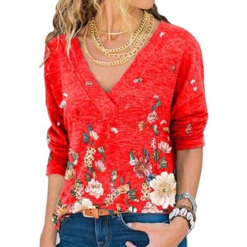 Deep V Neck Floral Print Long Sleeve Sexy Oversized T Shirt Women Casual Loose Plus Size Streetwear Vintage Tops Tee Shirts