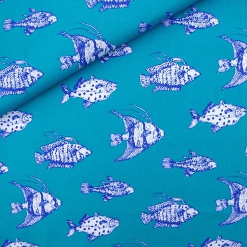 140cmx50cm Cotton Woven Fabric for patchwork, handmad, textile, cloth - fish on blue background
