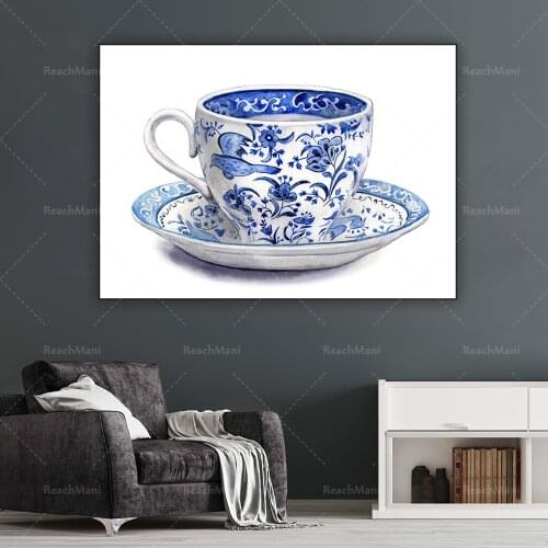 Chinese style art prints blue and white tea cup prints, Chinese tea cups, mug prints decorate home posters