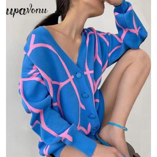 Free Shipping Womens Casual Oversized Cardigan Knitted 2021 Fall New V-neck Lantern Long Sleeve Single-breasted Printed Knit