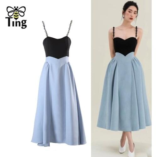 Tingfly Runway Boutique Party Dinner Dresses High Quality Beading Strap Sleeveless A Line Dress Color Block Blue Robes Trendy Za