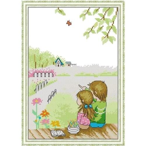 Cross Stitch Kit Childhood Country Stamped Patterns Thread Counted 11CT 14CT Print Embroidery Needlework Decor Fabric Canvas Set