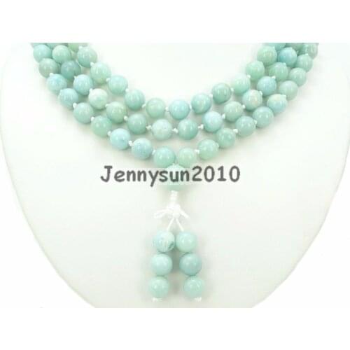 Natural Amazonite 10mm Gems Stone Buddhist 108 Beads Prayer Mala Knot Necklace Multi-Purpose 5Strands/Pack