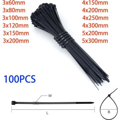 Nylon Cable Ties Self Locking Plastic Loop Wire Black 4x200 5x300MM 3x60mm Wrap Strap Zip Organiser Fasten Tension Belt 100PCS