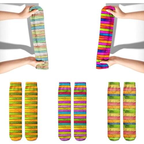 New Fashion Color Striped Cotton Socks Ladies Elastic 3D Printed Wood Grain Pattern Funny Socks Breathable Kawaii Sock for Girls