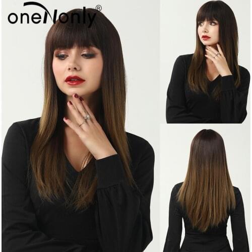 OneNonly Long Straight Ombre Dark Brown Gradient Synthetic Wigs with Bangs Cosplay Daily Hair for Women Heat Resistant
