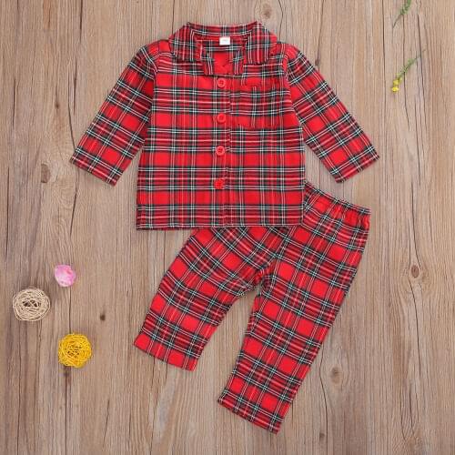 Xmas Baby Girls Boys Pajama Sets Plaid Print Long Sleeve Single Breasted Turn Down Tops Pants