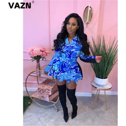 VAZN New Fashion Special Chic Ladies Slim Elegant Camouflage Young Dress 2020 Full Sleeve V-neck Lady Dress