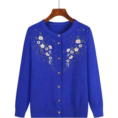 2021 Spring Autumn Old man Knitting Jacket Mother Embroidery Knit Sweater Cardigan Loose Long-sleeved Female Outwear Casual Tops
