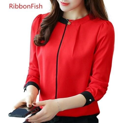 RibbonFish Women Spring Autumn Style Chiffon Blouses Patchwork Simple Style Casual Long Sleeve O-Neck Blusas DD8104