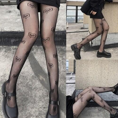 Japanese Gothic Style Women Sexy Hollow Out Fishnet Black Pantyhose Heart Jacquard See-Through Slim Tights Stockings Party ju28