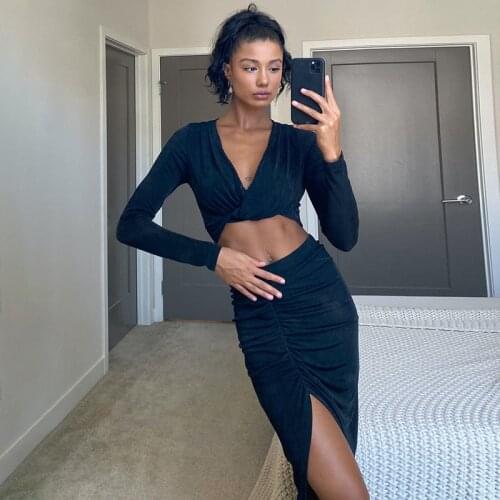 2021 Two Piece Set Long Sleeve Black Crop Top And Split Midi Skirt Ruched New Fashion Women Set Autumn Sexy Club Outfit Party Za