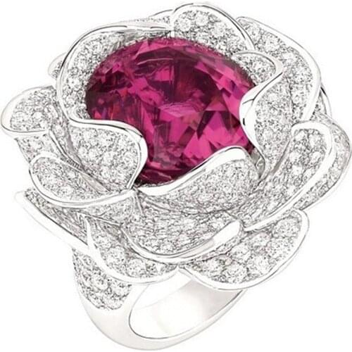 Luxury Silver Color Plated Rose Flower Ring Micro Paved Rhinestones Red Zircorn Ring For Women Wedding Party Jewelry Gift F3Z188