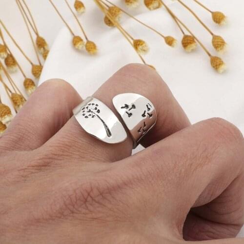 Female Plated Silver Color Hand-brushed Winding Ring Mountain Forest Dandelion Ring For Women