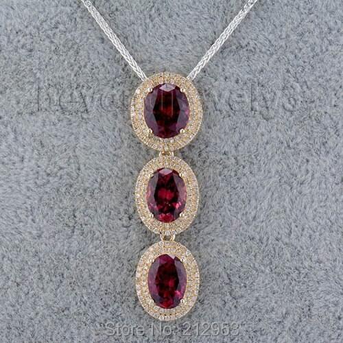 Women Jewelry Oval 7x9mm Three Natural Garnets Solid 14Kt Yellow Gold Wedding Pendant WP021