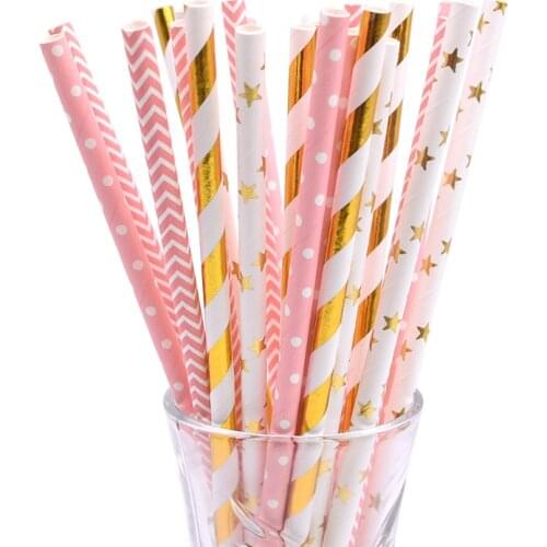 25Pcs Mixed Disposable Paper Straws Drinking Straw Kids Birthday Party Decorations Girl Baby Shower Wedding Party Supplies