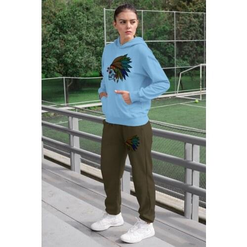 Angemiel Wear Feather Indian Crossbones Women Tracksuit Set Blue Hooded Sweatshirt Green Sweatpants