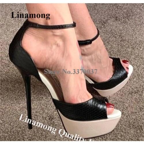 Linamong Elegant Peep Toe High Platform Stiletto Heel Sandals Black White Ankle Strap Buckle High Heel Sandals Party Shoes