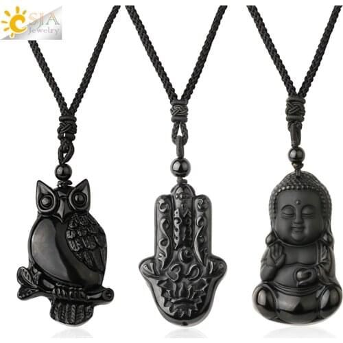 CSJA Obsidian Necklace Natural Stone Yoga Buddha Sculpture Tree of Life Animal Owl Men Necklaces Pendant Meditation Jewelry G644