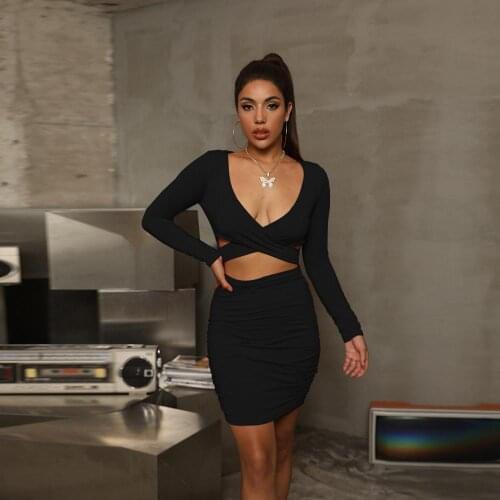 Deep V Neck Cross Bandage Hollow Sexy Dress Women Package Hip Bodycon Short Dress Long Sleeve Solid Casual Lady Dress