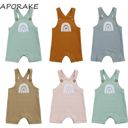 2021 0-18M Infant Baby Girl Boy Jumpsuit Overalls Rainbow Print Sleeveless Square Color Sleeveless Romper Summer Outfit Clothes