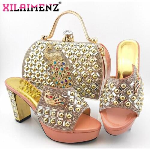 Mature Style Italian Lady Shoes And Bags Set African Fashion Shoes And Hand Bag Set For Wedding Dress in Peach Color