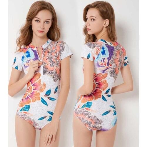 Womens One Piece Swimsuits Zip Up Floral Short Sleeve Rash Guard Swimwear Sun UV Protection Surfing Swimming Bathing Suit