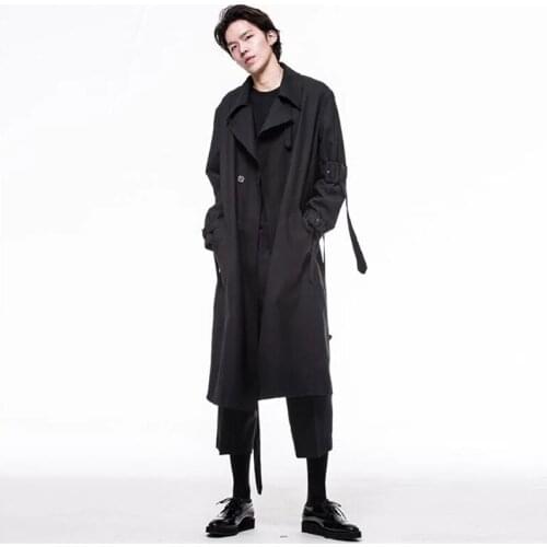 Homemade mens windbreaker loose dark black medium length ribbon Spring Festival leisure large coat fashion