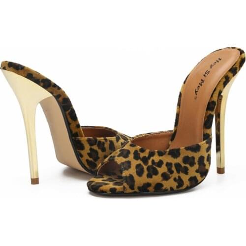 Women Open Toe Stiletto High Heels Mules Shoes Sexy Patent Leather Summer Slippers Ladies Pole Dancing Sandals Leopard