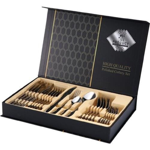 24Pcs Colorful Dinnerware Set Stainless Steel Cutlery Set Kitchen Gold Black Tableware Set Knife Fork Spoon Dinner Set with Box