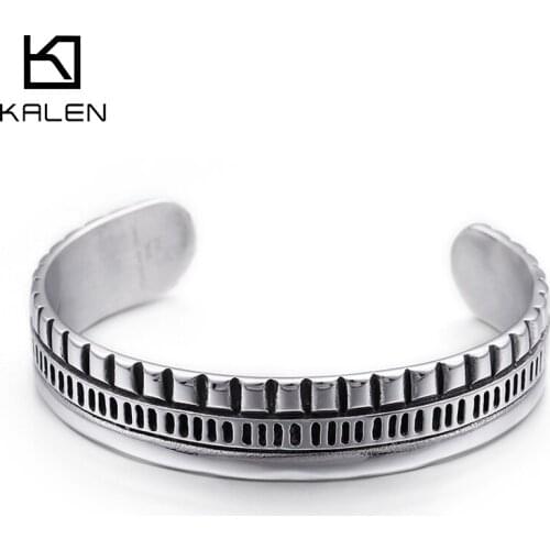 KALEN Stainless Steel Open Cuff Bangles For Men Simple Style Grid Shaped Charm Bracelet & Bangle Jewelry