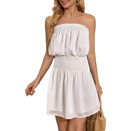 Midi Dress Solid Color Off Shoulder Women Sleeveless High Waist Pleated Dress for Party Summer clothes for Women White 3XL