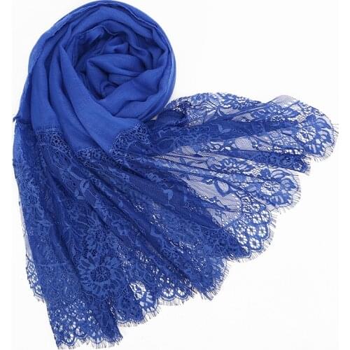 Popular Long Lace Edges Scarf Hijab Woman Plain Maxi Shawl Wrap Flower Floral Lace Foulard Viscose Cotton Muslim Scarf Hijabs