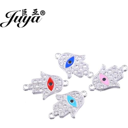 JUYA 17.2x25mm Silver Plated Crystal Fatima Hand Evil Eye Charm Connector for Jewelry Making Bracelet Accessories 15pcs AE0063