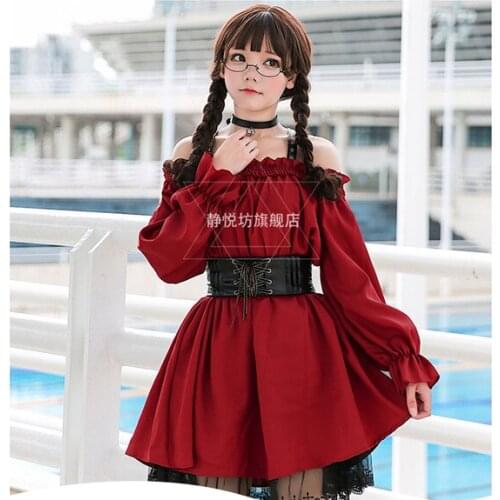 Lolita girls retro cross slim student Red dress loli kawaii uniform daily clothing free shipping