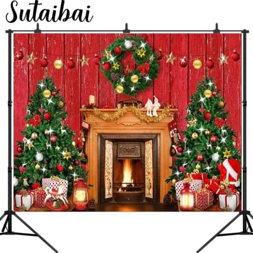 Xmas Backdrop Fireplace Christmas Tree Winter Wood Wall Home Decor Family Portrait Photography Background Photo Studio Photocall