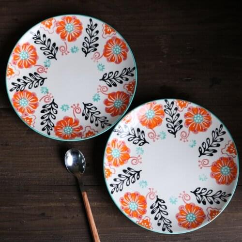 Hand-painted Watercolor Warm Orange Flower Underglaze Dinner Plate/ Flower Plant /Flat Dessert Plate