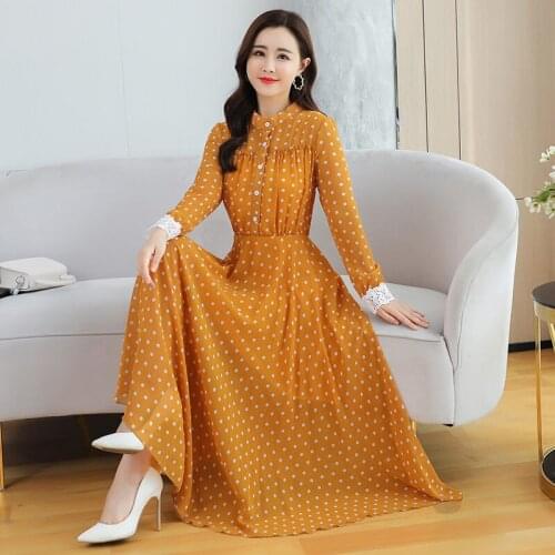 Retro Chiffon Dress 2021 Autumn Winter New Womens Full Sleeve Temperament Stand Collar Slim Long Polka Dot Dress Spring zh1664