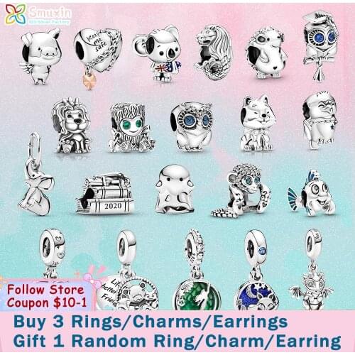 Smuxin 925 Sterling Silver Bead Tree Monster Dragon Owl Chained Heart Fox & Rabbit Dangle Charms fit Original Pandora Bracelets