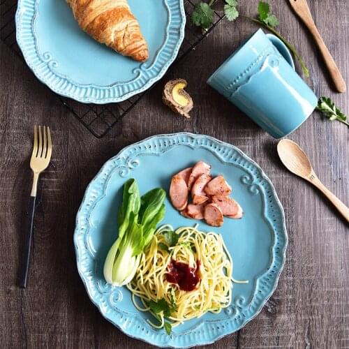 Plate Retro Creative Petals Margin Simple Blue Ceramic Tableware Hotel Restaurant Plate Creative Relief Steak Plate For Kitchen