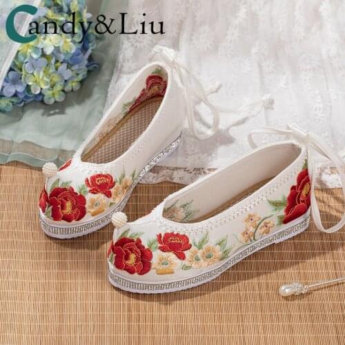 Hanfu shoes womens embroidered elegant antique shoes, upturned bow shoes increased cloth improved ancient shoes in tang style